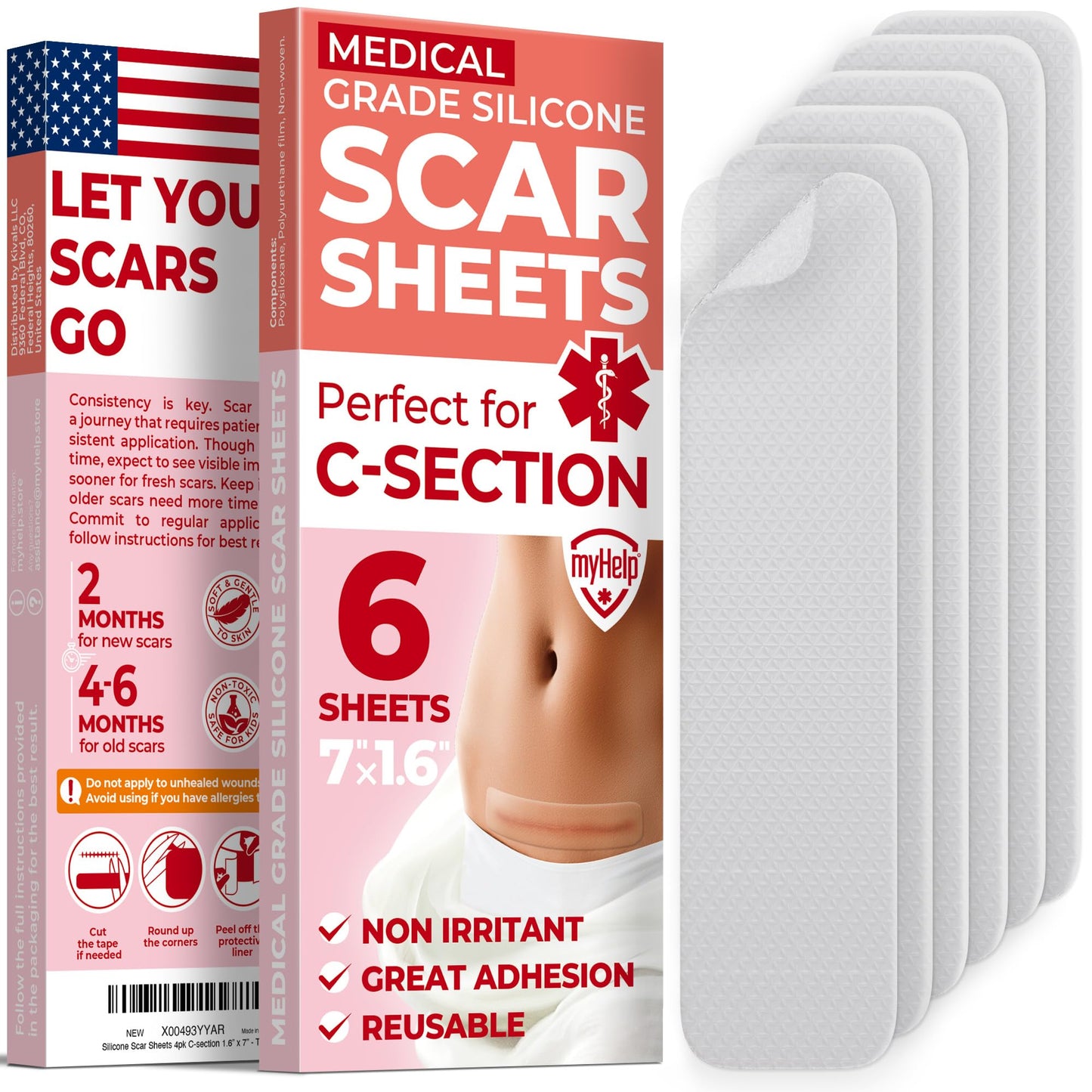 Medical Grade Silicone Scar Sheets - Transparent - 6pk (7”x1.6”) - Visible Difference on C-Section Scars - Reusable Silicone Sheets for Scars - Easy to Use C Section Scar Silicone Strips