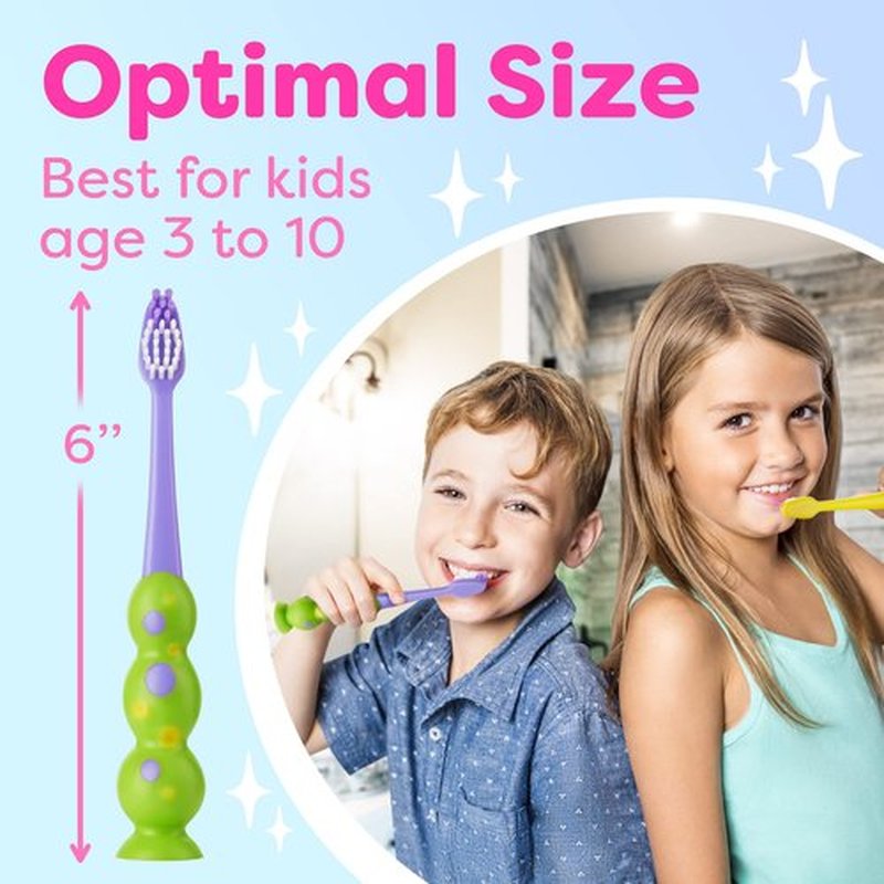 Kids Toothbrush 4 Pack - Soft Contoured Bristles - Child Sized Brush Heads (3-10 Year Old) - Suction Cup for Fun & Easy Storage - Girl & Boy Set (Green & Pink)