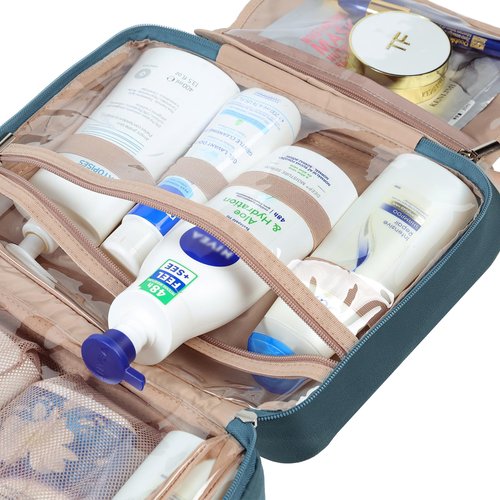 NISHEL Travel Toiletry Bag for Women Large Capacity, Travel Essentials Organizer, Hanging Makeup Case for Accessories, Cosmetics, Toiletries, Lake-Blue
