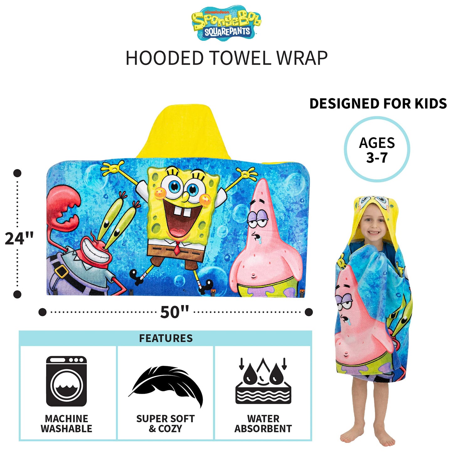 Franco Kids Bath and Beach Soft Cotton Terry Hooded Towel Wrap, 24 in x 50 in, SpongeBob SquarePants