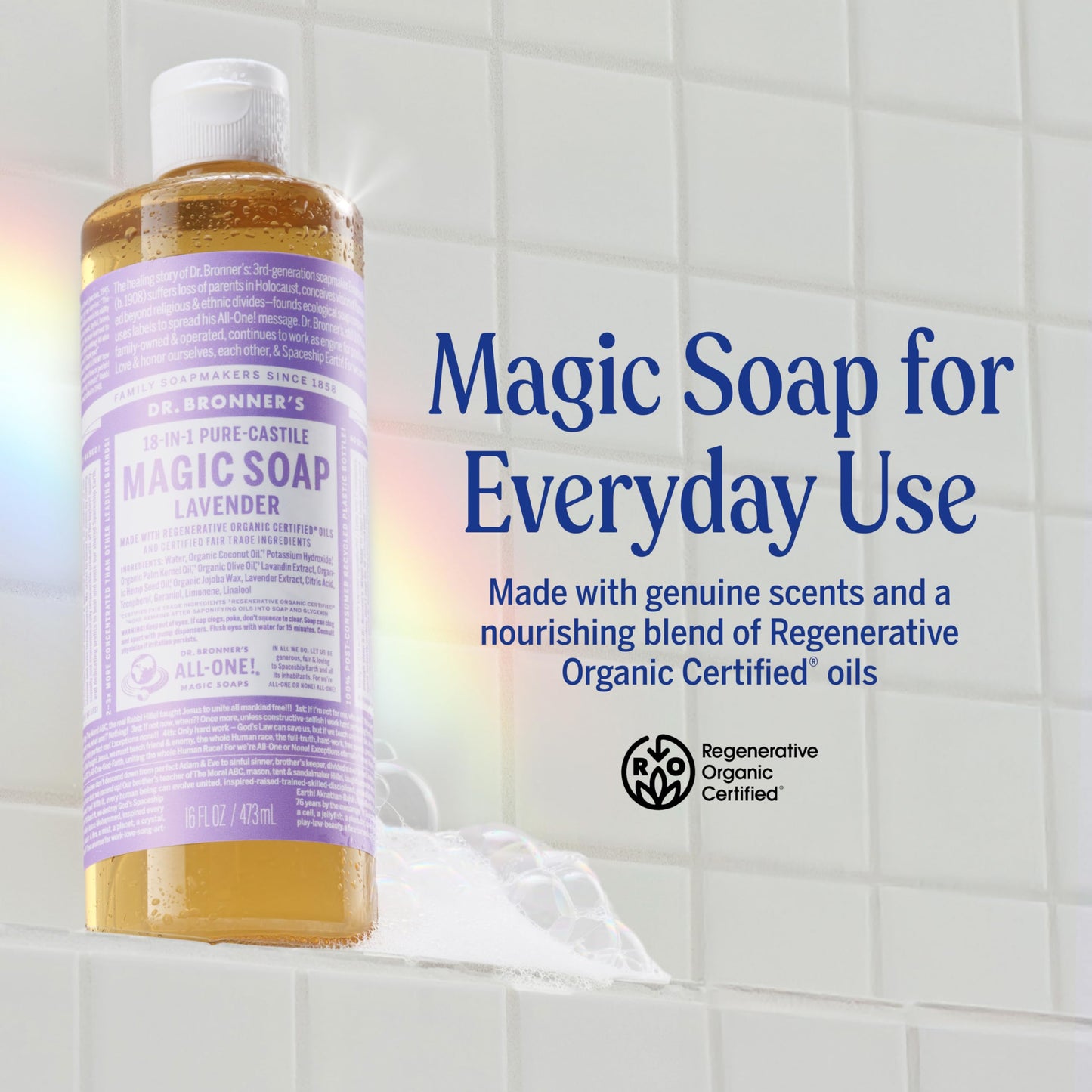 Dr. Bronner's - Pure-Castile Liquid Soap (Lavender, 16 ounce) - Made with Organic Oils, 18-in-1 Uses: Face, Body, Hair, Laundry, Pets & Dishes, Concentrated, Vegan, Non-GMO