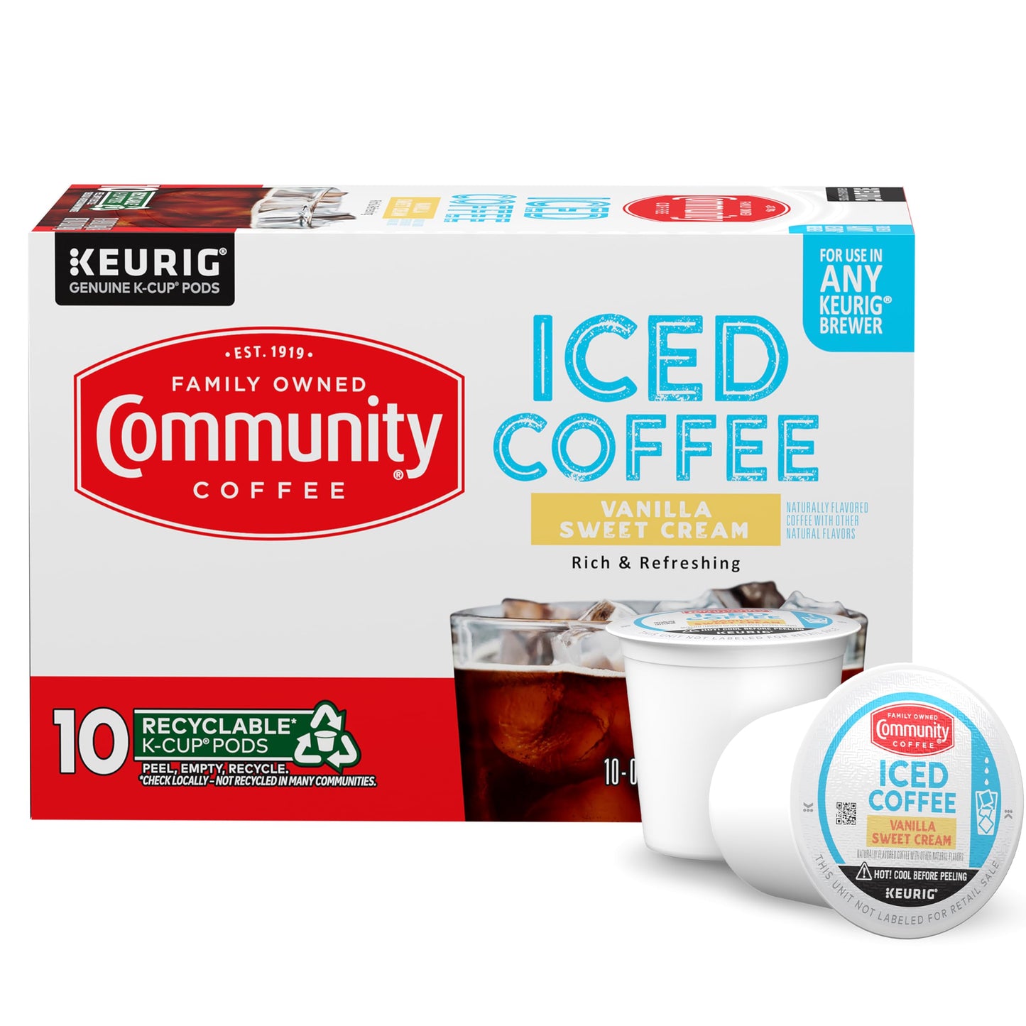 Community Coffee Vanilla Sweet Cream, 10 Keurig Iced Coffee Pods, Dark Roast, Compatible with all K-Cup Brewers, 10 Count (Pack of 1)