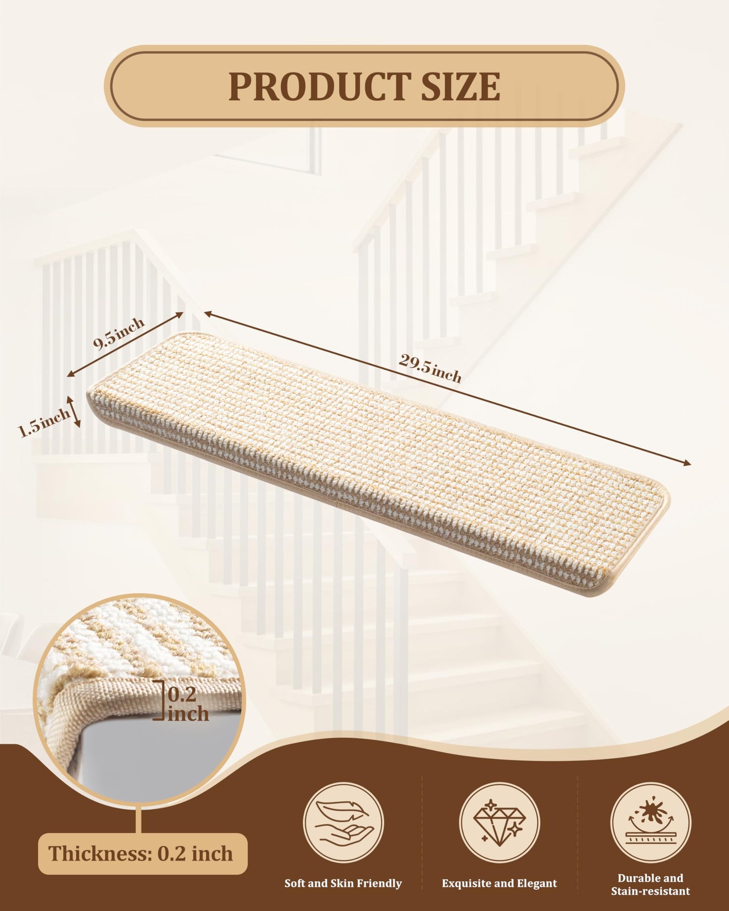 Bullnose Stair Treads for Wooden Steps: 14 Pcs Washable Non Slip Stair Ruuner Peel and Stick Adhesive Indoor Step Covers Staircase Protector 29.5"x9.5"x1.5" Beige
