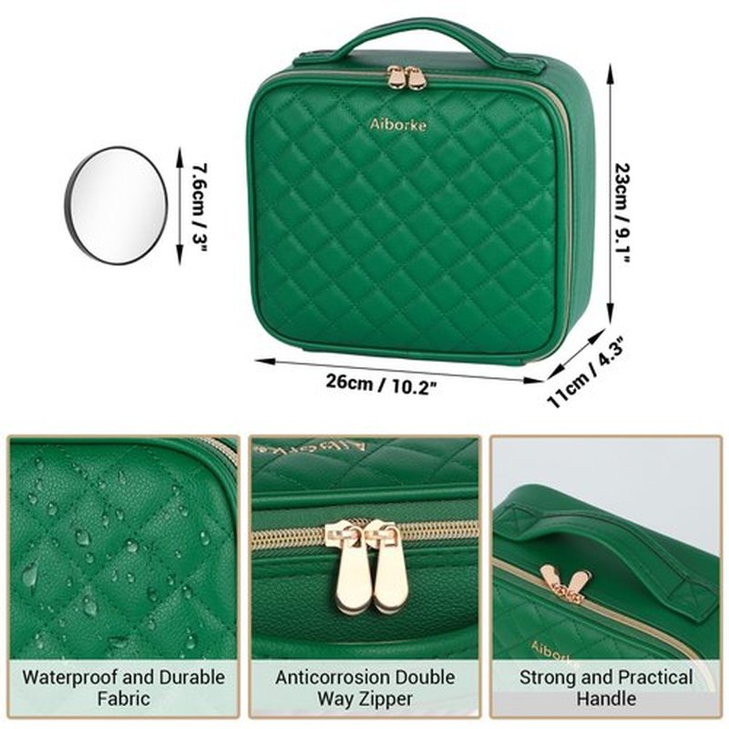 Aiborke Travel Makeup Bag with Led Mirror Makeup Case with Lighted Mirror Cosmetic Organizer bag with Adjustable Dividers and 5X Magnifying Mirror Gift for Women (Green)