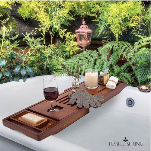 Temple Spring Bathtub Caddy Tray - Extendable Bath Tray for Bathtub with Candle, Wine Glass, Book, Pad & Phone Holders - Adjustable Bathtub Tray Over tub w/Bathroom Accessories - Wood Brown