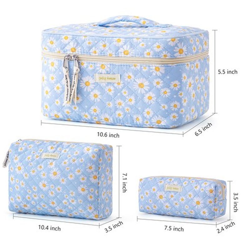 HBselect Quilted Makeup Bag, 3PCS Cotton Large Travel Makeup Bag, Cute Floral Coquette Make up Bag Cosmetic Bag Toiletry Bag for Women Girls