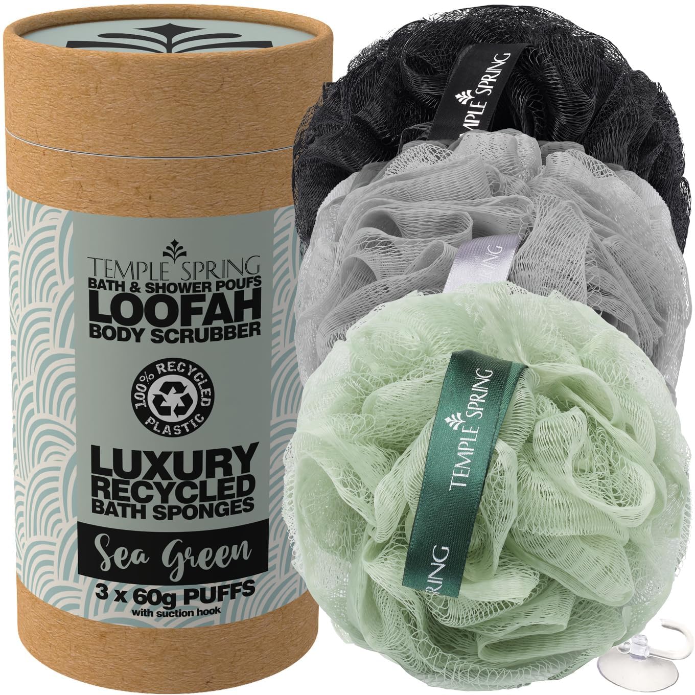 Temple Spring Soft Mesh Shower Loofah Sponge 3-Pack (60g Each) — Gentle Exfoliating Body Scrubber for Rich Lather & Smooth Skin, Bath Sponge for Women & Men, 100% Recycled Materials with Suction Hook