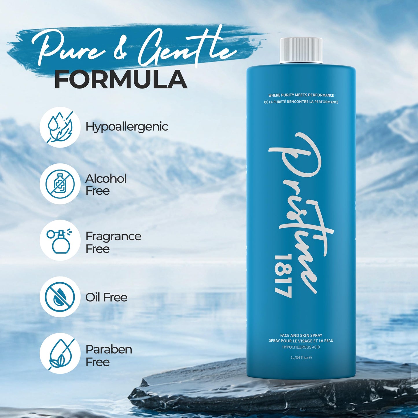 Pristine 1817 Hypochlorous Acid Spray 0.016% 1L (33.8 fl oz) - Gentle, Versatile Mist for Face & Body