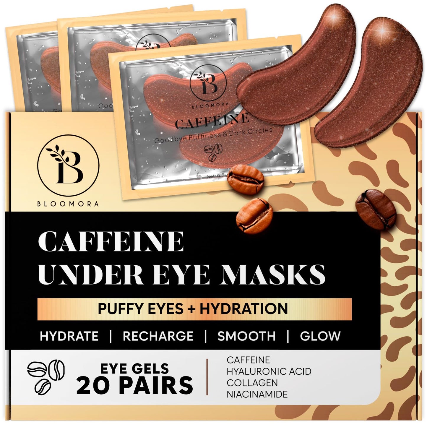 BLOOMORA Caffeine Under Eye Patches (20 Pairs) - Dark Circles & Puffiness Care - Hydrating Caffeine Eye Mask