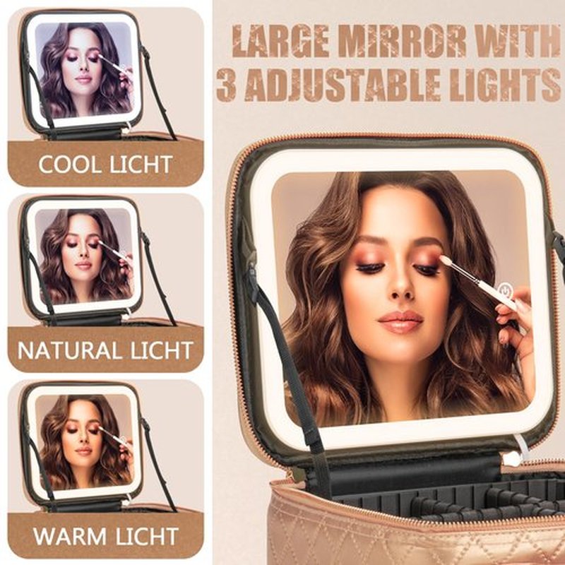 Extrei Gent Traveling Makeup Train Case with LED Lighted Mirror, Portable Waterproof 3-Color Adjustable Brightness Professional Makeup Bag with Dividers Makeup Brush Accessories and Toolkit