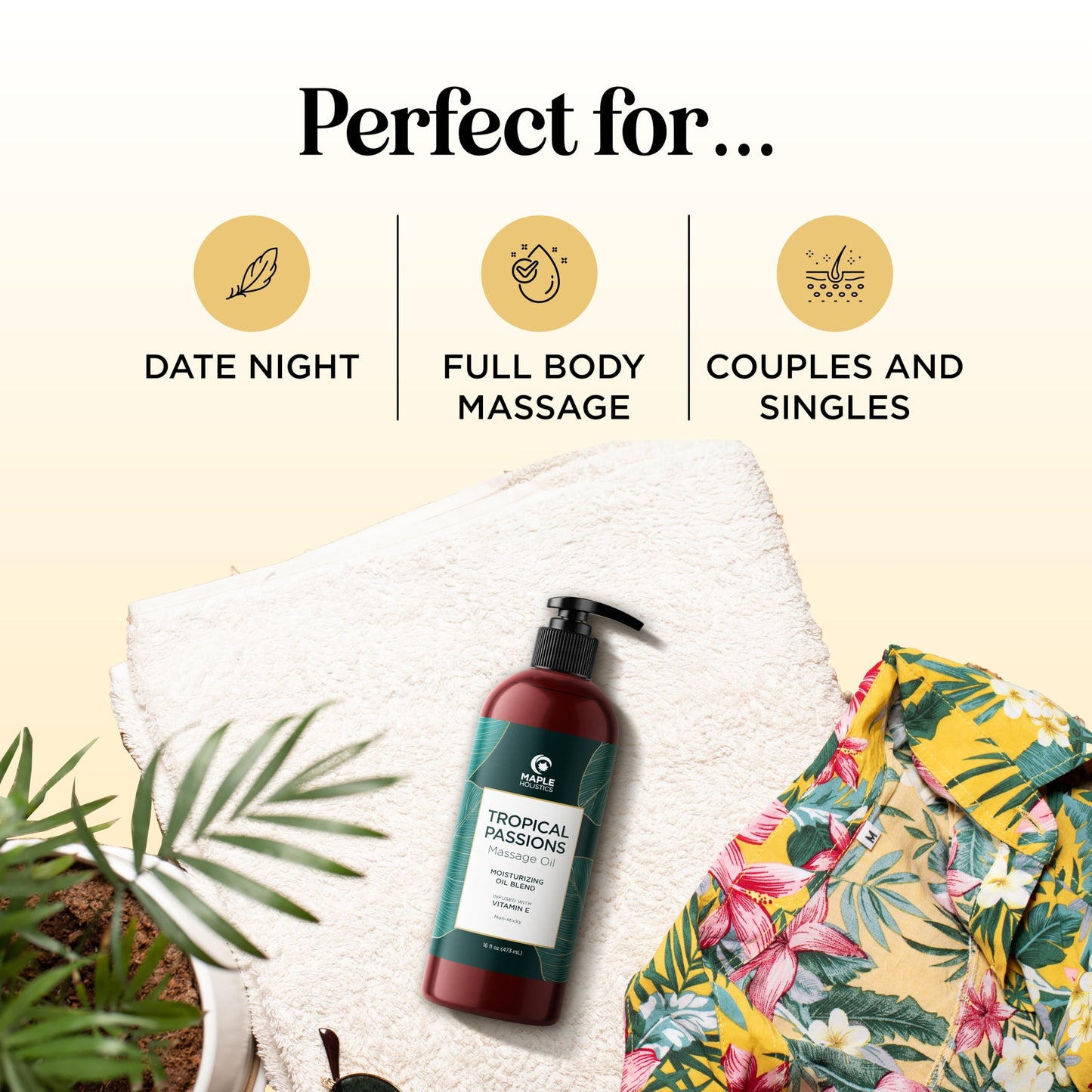 Tropical Massage Oil for Couples Relaxation - Full Body Massage Oil for Date Night with Smooth Gliding Coconut and Sweet Almond Oil with Mango Scent - Non GMO Gluten Free & Vegan (16 Fl Oz)