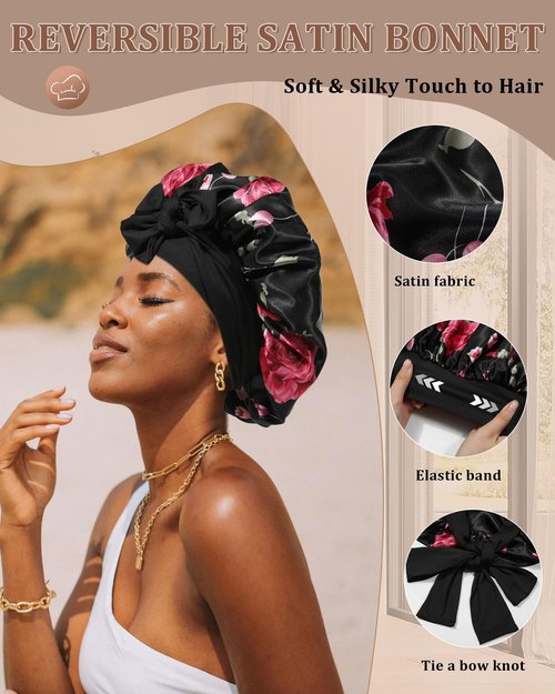 Reversible Satin Bonnet for Sleeping Women Silk Bonnet Double Layer Hair Bonnet with 2PCS Hair Scrunchies Elastic Tie Band Night Cap Hair Wrap for Natural Curly Hair (Black Flower + Black)