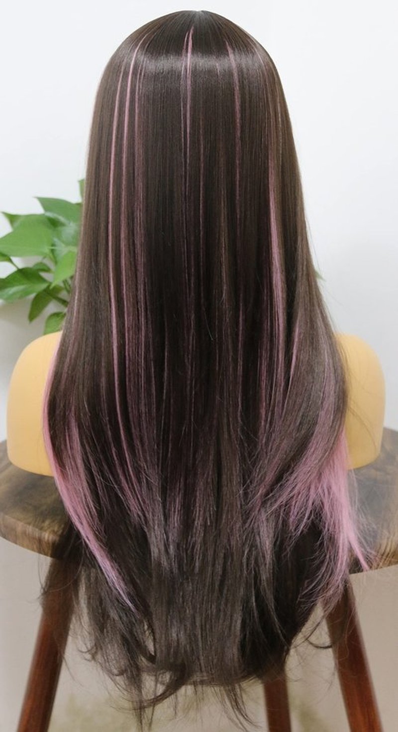 MSMYRNS Pink Highlights Dark Brown Color Mixed Bang Wig Heat Resistant Synthetic Wig Glueless Scalp Wig For Fashion Girls Hair Replacement Unit Party Cosplay Daily Use Natural Wavy Curly Wigs