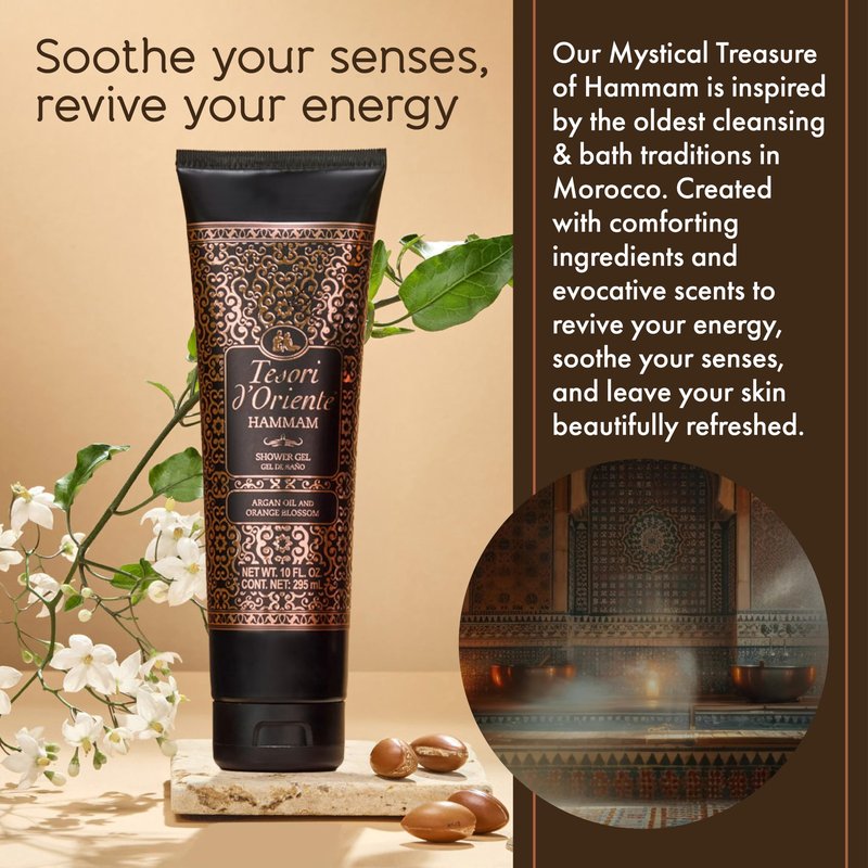 Tesori d’Oriente Hammam Shower Gel, 10 fl oz, Gentle, Hydrating Body Wash with Argan Oil & Vitamin E, Warm Orange Blossom Scented, No Silicones, Parabens & Mineral Oil