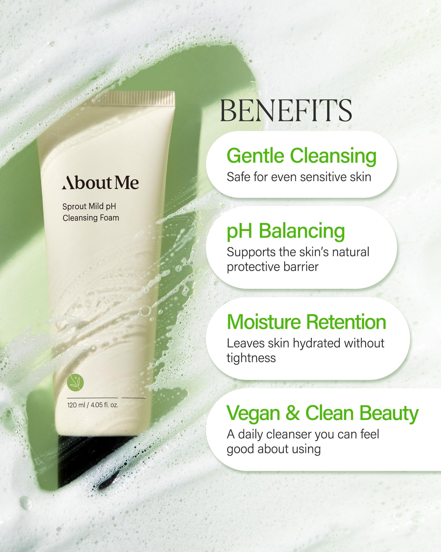 About Me Korean Low pH Amino Acid Cleansing Foam - 35% Sprout Complex + 7 Hyaluronic Acid Forms, Wheat Broccoli Alfalfa Sprouts, Cream-to-Foam Sulfate Free, Vegan Reef Safe, 4.05 fl oz