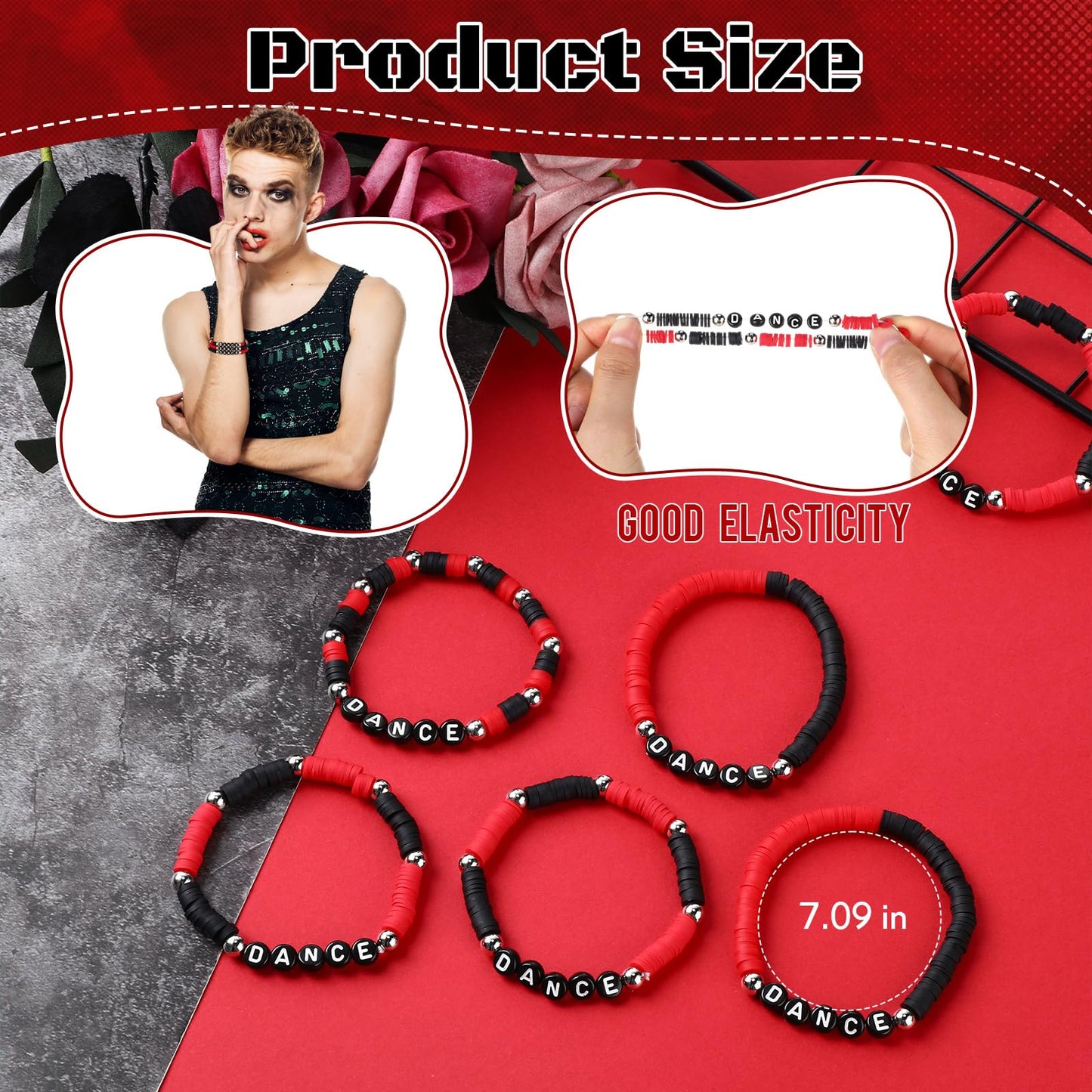 Landical 30 Pcs Dance Bracelets Bulk for Women Merchandise for Fans, Friendship Heishi Bracelets for Concert Outfits Party Favors, Gifts for Fan, Valentine Gifts Party Favors(Black Red)