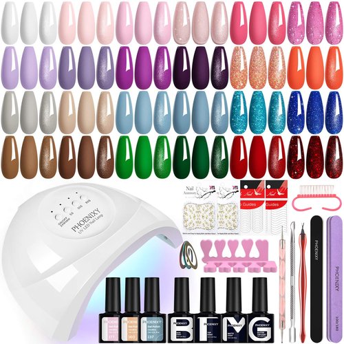 PHOENIXY Gel Nail Polish Kit with U V Light 48W, 44 Pcs 72 Effect Gel Nail Polish Set Base Glitter Top Coat Gel Nail Kit Manicure Tools Gifts for Women