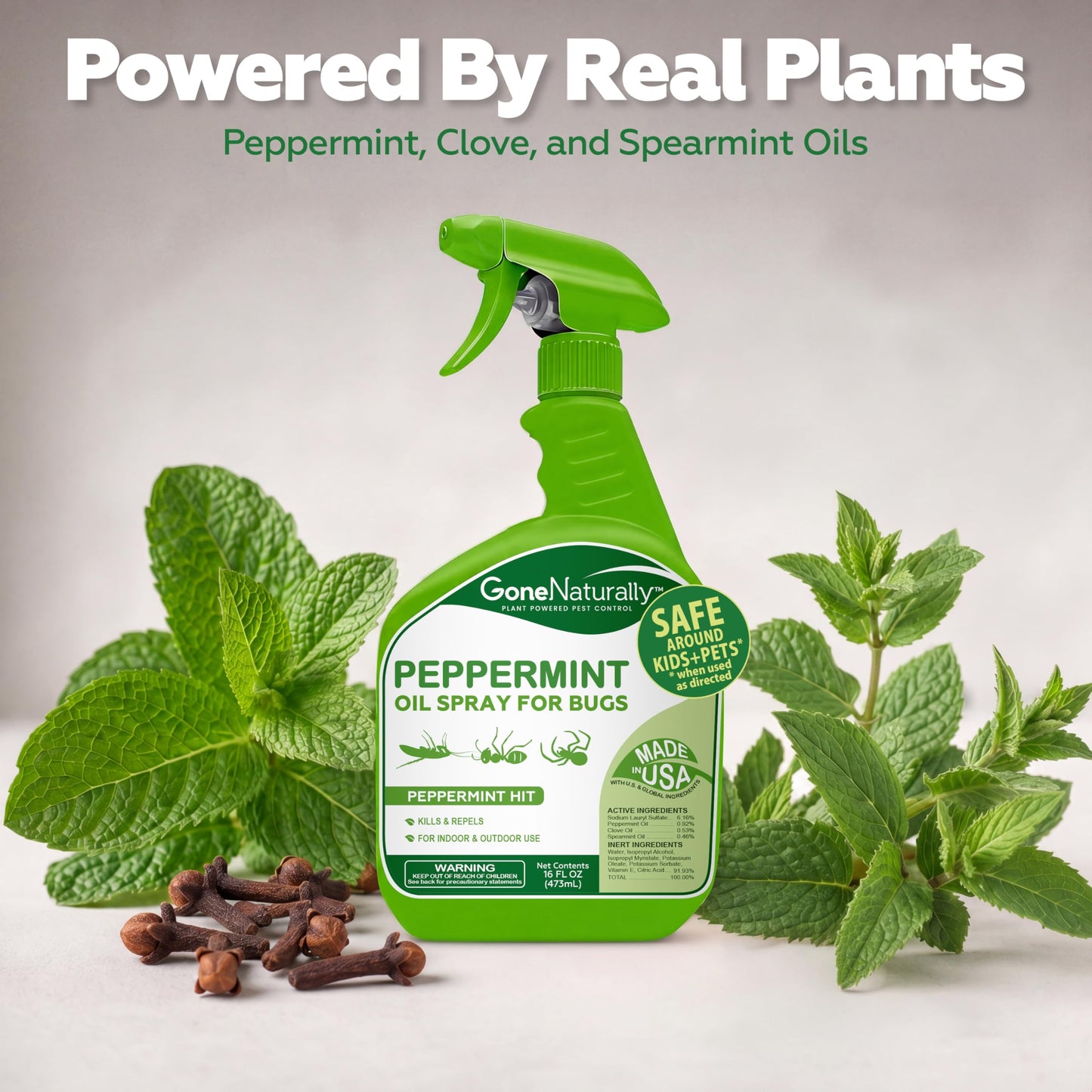 GoneNaturally Peppermint Oil Spray for Bugs– Extra Strong Insect Repellent & Bug Spray for Home– Kills & Repels Ants, Roaches, Spiders & More– Safe Around Kids & Pets– Indoor & Outdoor Use (16oz)