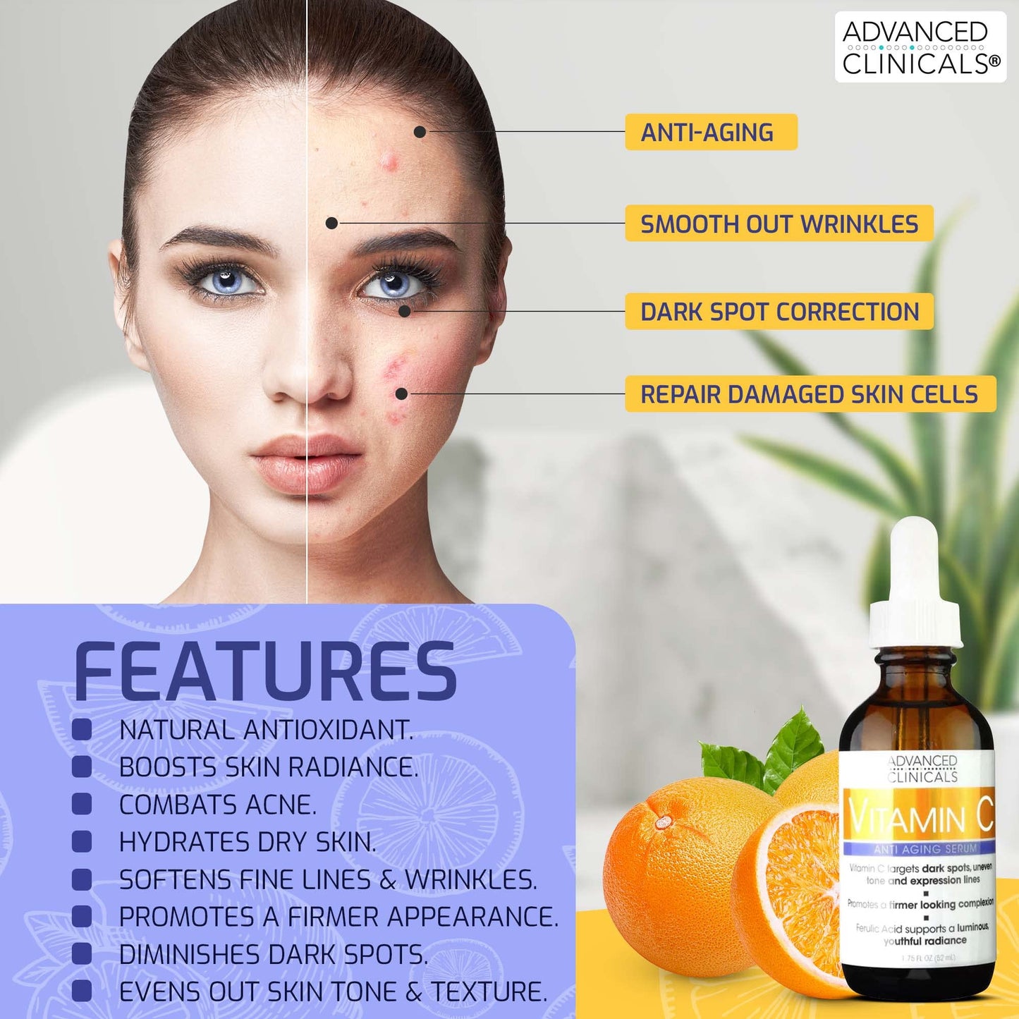 Advanced Clinicals Tea Tree Oil Serum For Face + Vitamin C Serum + Exfoliating 10% Glycolic Acid Serum Skincare Set | Face Serum For Women | Anti Aging Serums To Brighten, Exfoliate, & Hydrate, 3-Set
