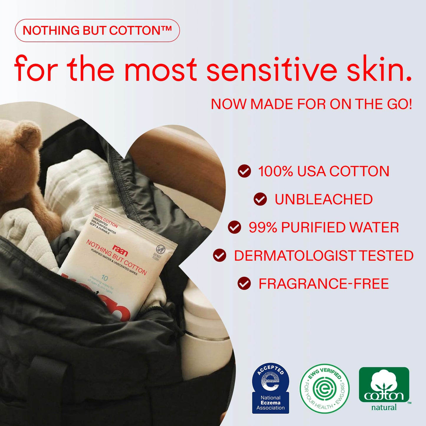 Raan, 100% Cotton TRAVEL PACK Baby & Toddler Wipes, Unbleached, 99% Purified Water, Unscented, EWG verified, Made for Sensitive Skin, Extra Soft and Durable, 12 PACK, 120 Count