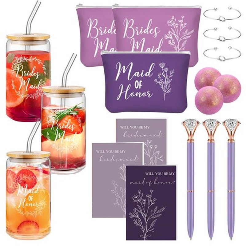 Skybooly 18 Pcs Bridesmaid Proposal Gifts Maid of Honor Gifts Including Brides Maid Glass Cup Makeup Bag Diamond Pen Bracelet Invited Cards for Wedding Party Favors(Purple)
