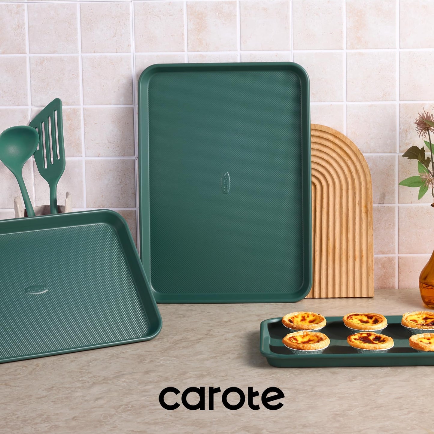 CAROTE 3-Piece Baking Sheet, Nonstick Cookie Sheets, Olive Green