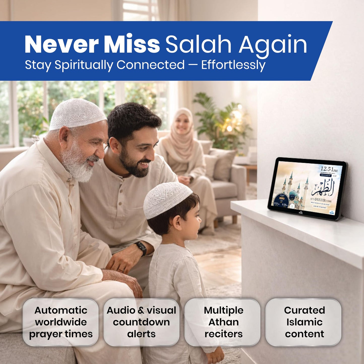Masjidal 10" Smart WiFi Digital Azan Clock & Islamic Prayer Frame – Automatic Worldwide Prayer & Iqamah Times, Full Quran Player, Athan Alarm, Ramadan Clock, Touchscreen Muslim Home Display, Black