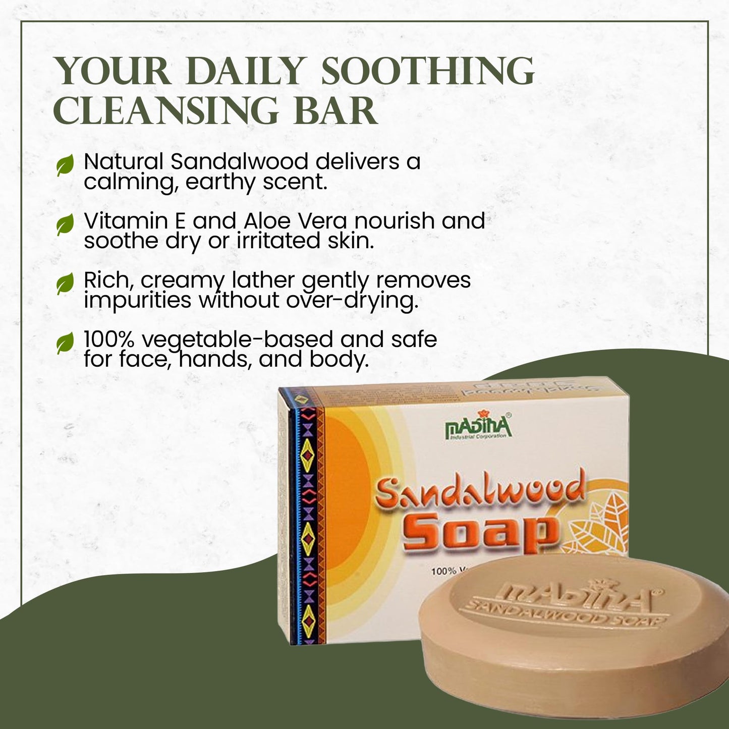 Madina Sandalwood Soap Bar – Moisturizing, Gentle Cleanser, Aromatic Sandalwood, Vitamin E, Aloe Vera, 100% Vegetable-Based, For All Skin Types, 6 Pack (3.5 oz Each)