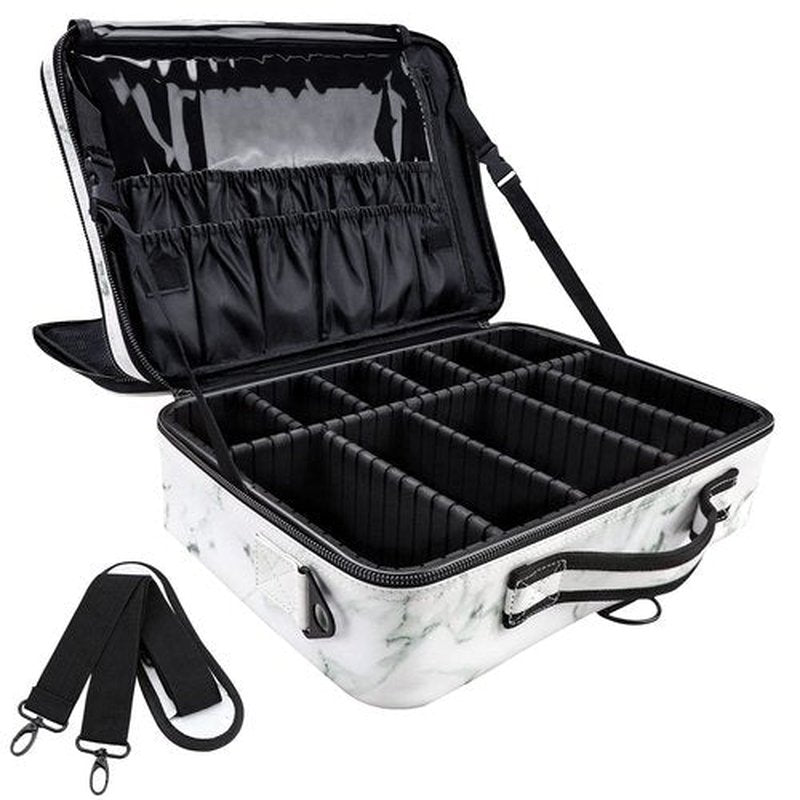 JOURMON Makeup Case Travel Makeup Train Case Organizer Cosmetic Bag Portable with Adjustable Dividers and Shoulder Strap for Makeup Brushes Toiletry Travel Accessories(Marble White Black, L)