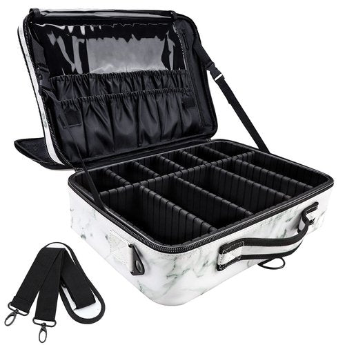 JOURMON Makeup Case Travel Makeup Train Case Organizer Cosmetic Bag Portable with Adjustable Dividers and Shoulder Strap for Makeup Brushes Toiletry Travel Accessories(Marble White Black, L)
