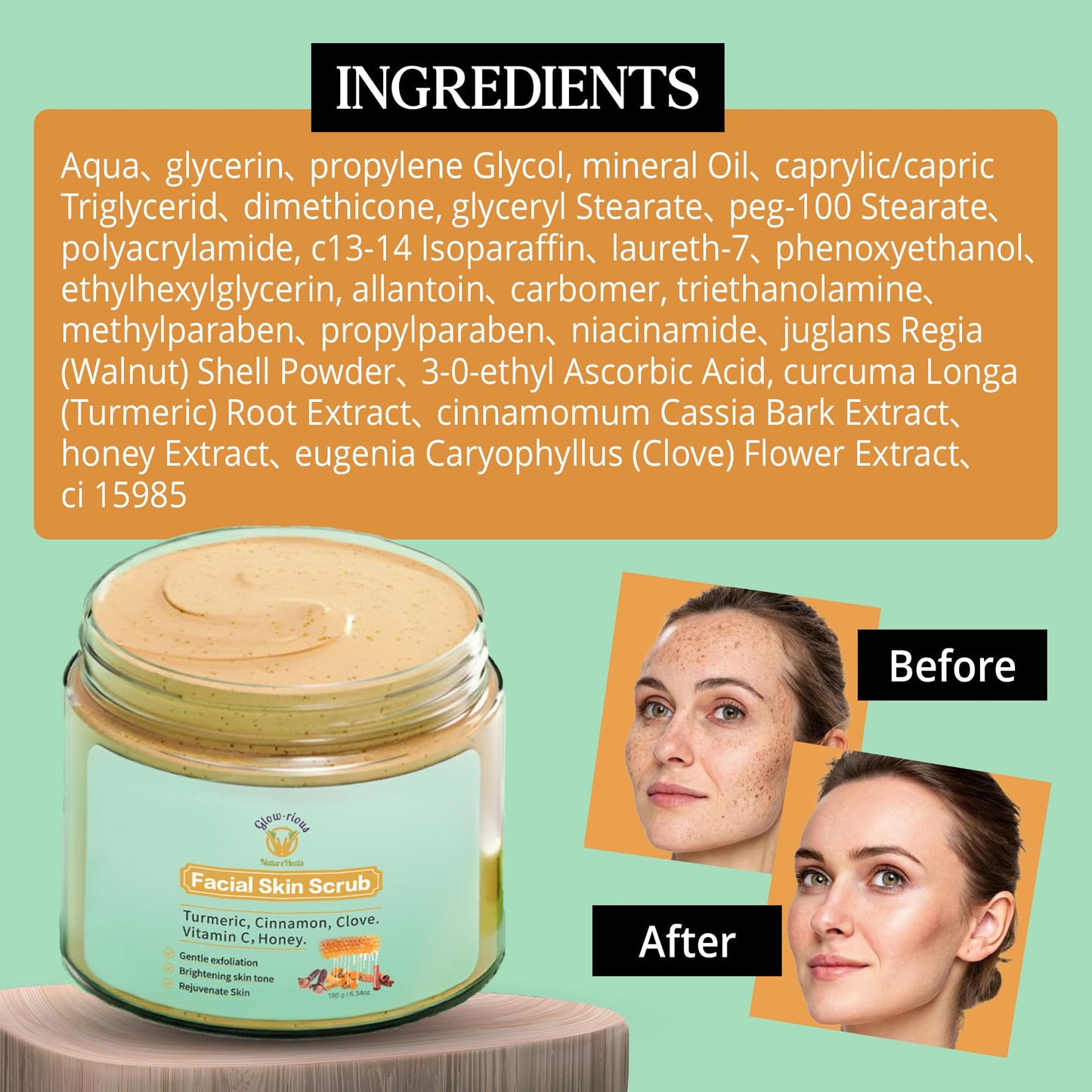Glow-Rious Turmeric Face Scrub with Vitamin C & Honey - Gentle Exfoliating Facial Scrub for Skin & Even Tone - with Cinnamon & Clove - 100g/3.52oz