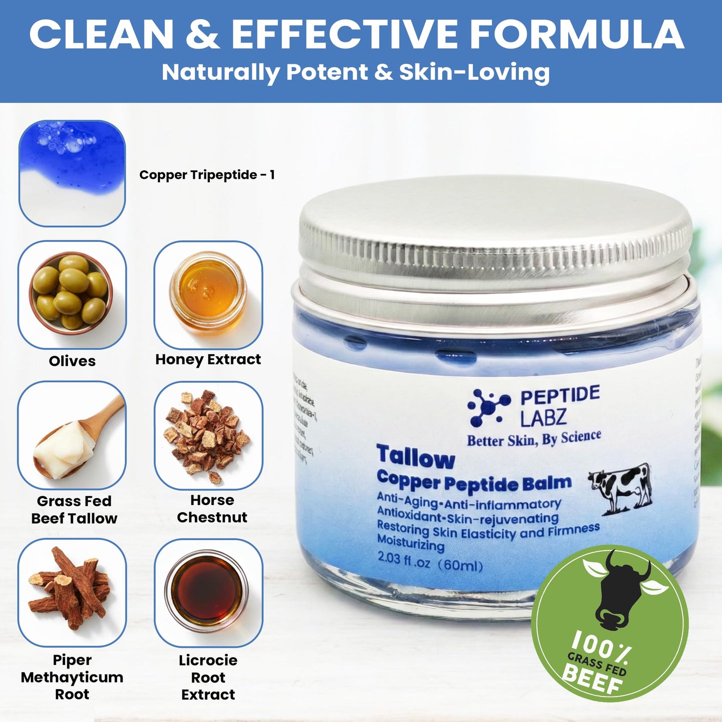 PeptideLabz Grass-Fed Tallow Face Balm for Dry Skin – Deep Moisture Barrier Repair with Honey Extract, Copper Tripeptide-1 & Licorice Root – Nourishing Skin Balm