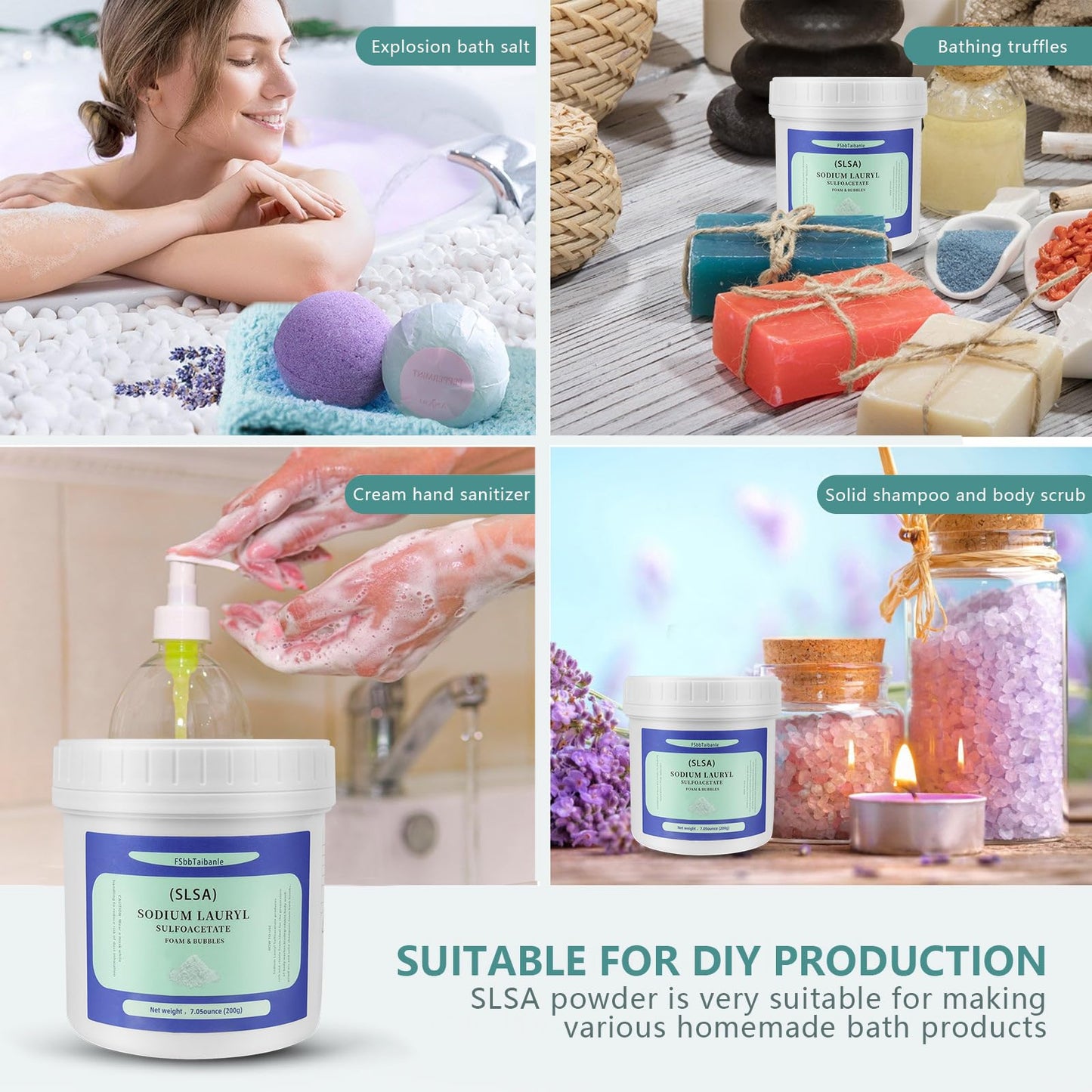 7 Ounce of SLSA Powder for Bath Bomb Making, Premium Sodium Lauryl Sulfoacetate Powder, Sodium Lactate for soap Making, Gentle on The Skin. Suitable for Bath TrufflesCrafting Bath Bombs and More