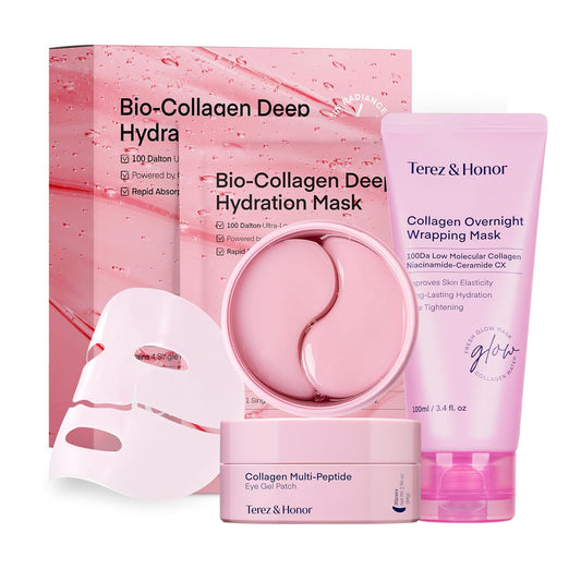 Korean Collagen Mask Set - 3-Piece Bio-Collagen Face Masks, Night Peel-Off & Eye Patches for Hydration | 100ml & 60 pcs