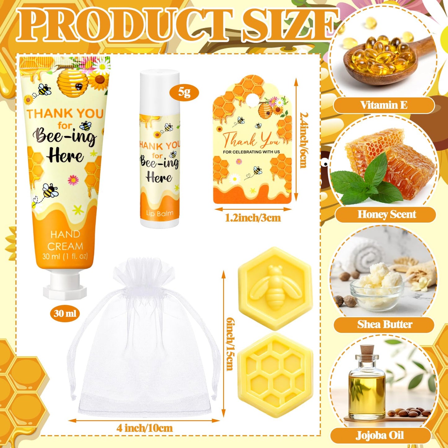 Loopeer 30 Set/150 Pcs Bee Theme Baby Shower Favors for Guests Gifts Hand Cream Lip Balm Soap Party Favors Travel Size with Bags, Thanks You Card for Games Prizes Souvenirs