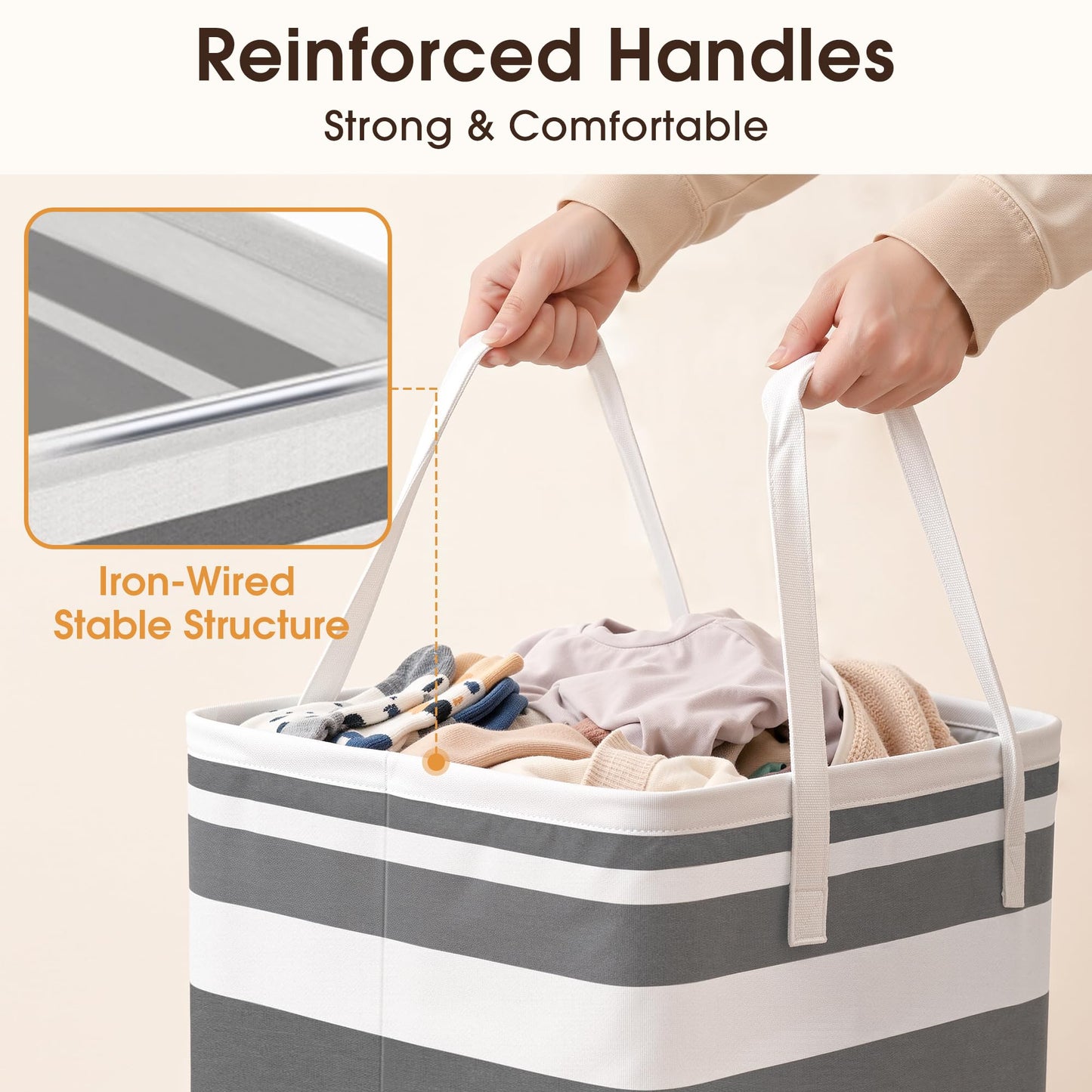 HomeHacks 2 Pack Large Laundry Baskets, Waterproof, Freestanding Laundry Hampers, Collapsible Clothes Hamper with Reinforced Handles in Laundry Room, College Dorm, Bathroom, Bedroom (Grey, 75Lx2)