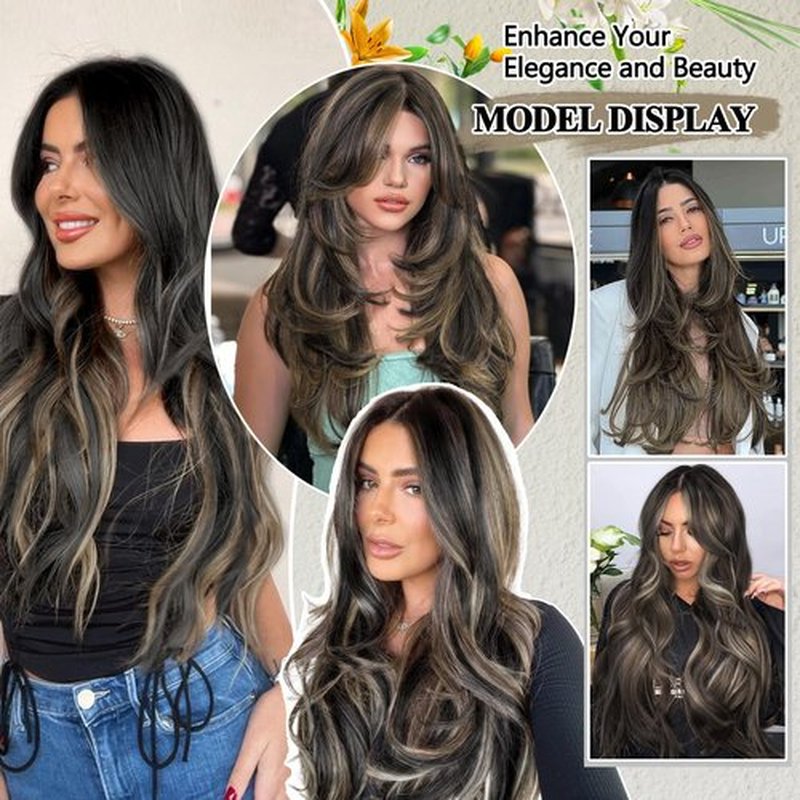 FREEMEIGE Black Mix Blonde Long Straight Hair Extensions Layered Hair Extensions Soft Synthetic Clip in Hair Extensions Hairpieces for Women(2/18)