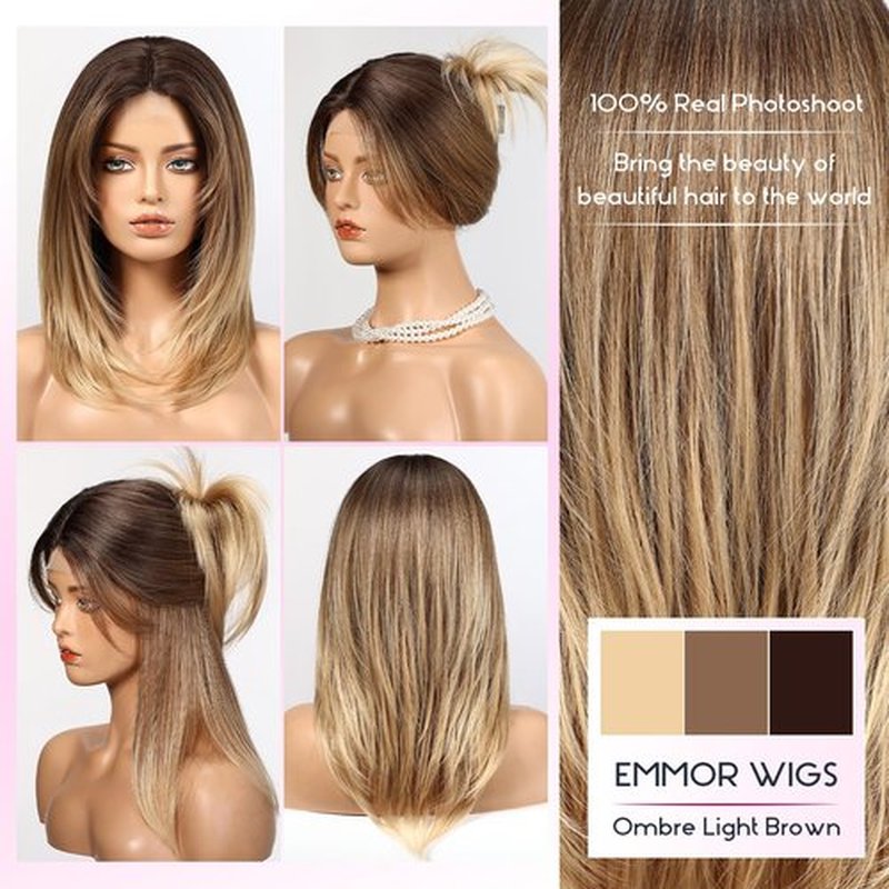 EMMOR Short Layered Wigs,Natural Medium Length Central Lace Layered Wigs, Premium Heat-Resistant Synthetic Straight Wigs for Women Daily Use(Ombre Light Brown)