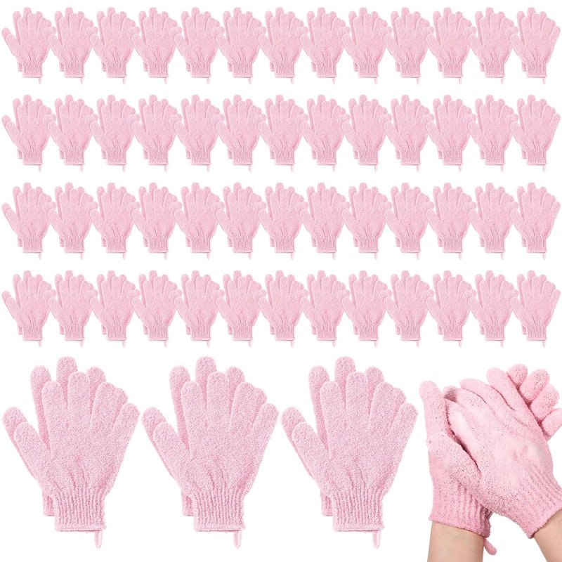 Exfoliating Shower Gloves - 104 Pcs Body Scrubber Set for Men & Women | Pink with Hanging Loop