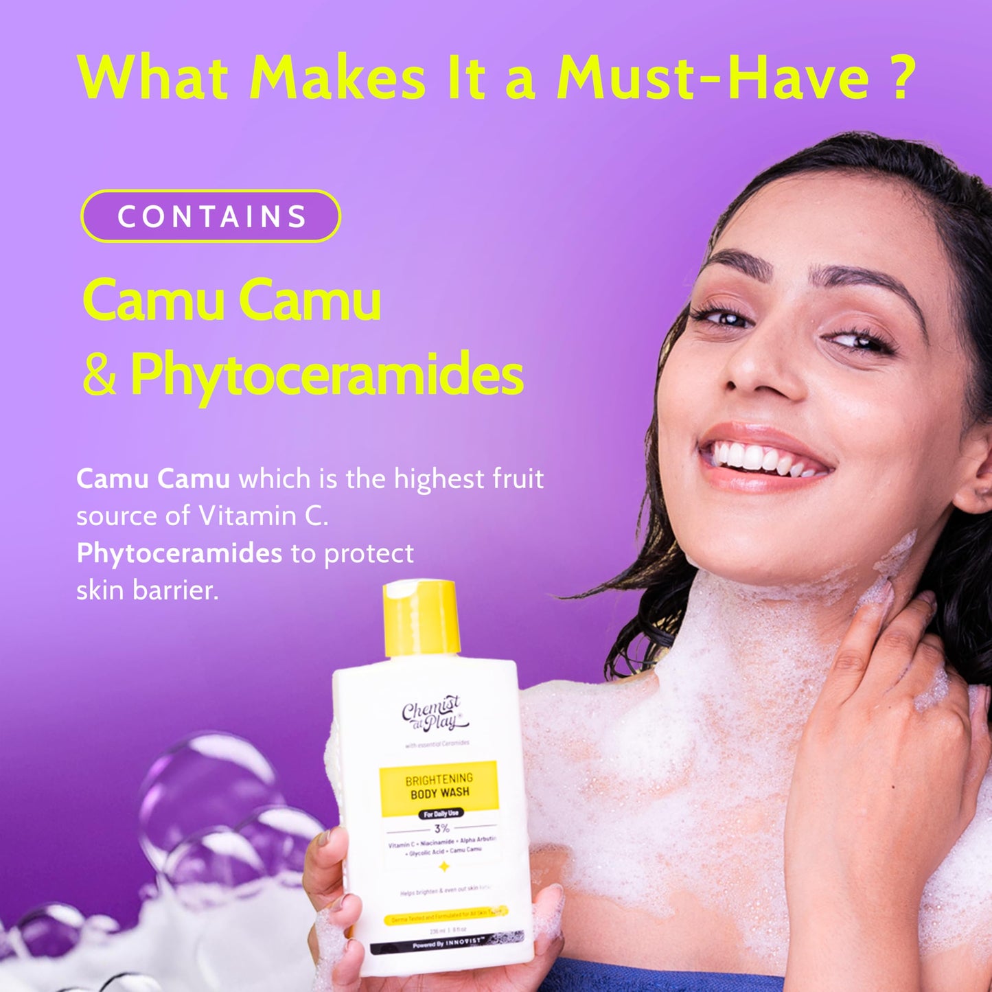 Chemist at Play Brightening Body Wash|Glowing Skin Vitamin C Bodywash | Helps to Reduce Fades Dark Spots, Evens out Skin Tone | Alpha Arbutin| 30X Vitamin C with Camu Camu |For Women & Men | 8 Fl oz