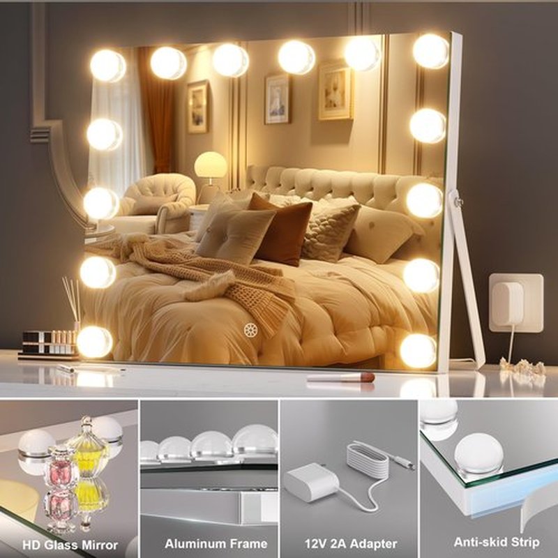 Hasipu Vanity Mirror with Lights, 17.7" x 13.8" Hollywood Mirror, Makeup Mirror with 14 Dimmable Bulbs and 10X Magnification, 3 Colors Modes, Touch Control, 360° Rotation, White