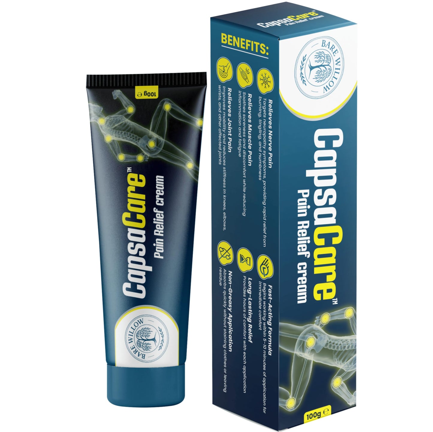 CapsaCare Cream with Capsaicin 0.125% & Magnesium, NeuroSoothe Blend with Arnica, Glucosamine, Menthol & Aloe, Fragrance Free, Non Greasy, Hydrating Topical Skin Cream for Men and Women, 100g (1 Pack)