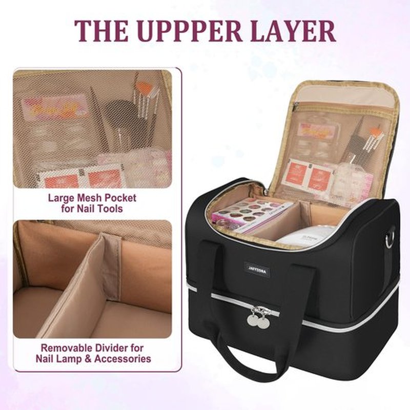 Jaffzora Nail Polish Organizer Case, Double Layers Nail Organizers and Storage, Holds 40 Bottles Gel Nail Polish&Nail Lamp, Travel Nail Supplies Carrying Bag for Nail Art Tech & Manicure Tools,Black