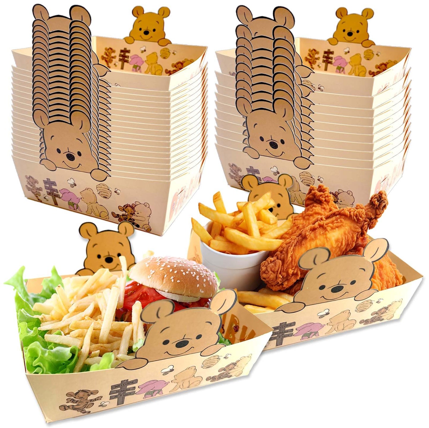 Classic Honey Bear Party Plates - Large Size Winnie Baby Shower Party Favors Paper Food Serving Tray Honey Pooh Bear Baby Shower Decorations Plates Nacho Paperboard Hot Dog Popcorn - 24 PCS