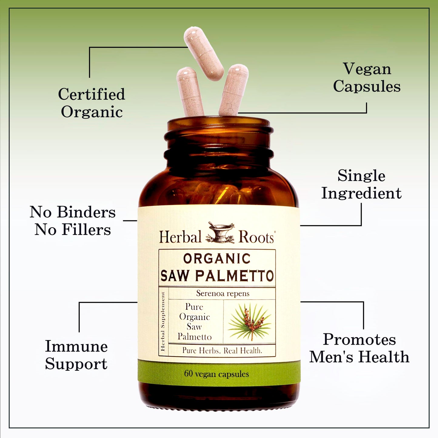 Herbal Roots Organic Saw Palmetto Supplement - Men’s Prostate Health - USDA Certified Organic - 3rd Party Purity Tested - 60 Vegan Capsules