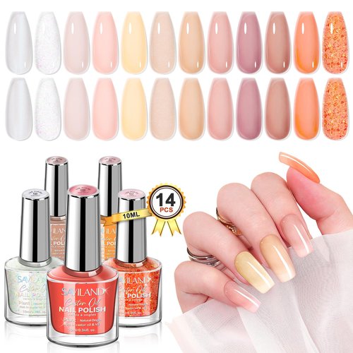 SAVILAND Regular Nail Polish Set Beginner: 12 Colors Quick Dry Nail Polish Non Gel 0.34 oz Translucent Nudes Nail Lacquer Kit with Base-Top Polish Acrylic Manicure Set for Fingernail Toenail Art