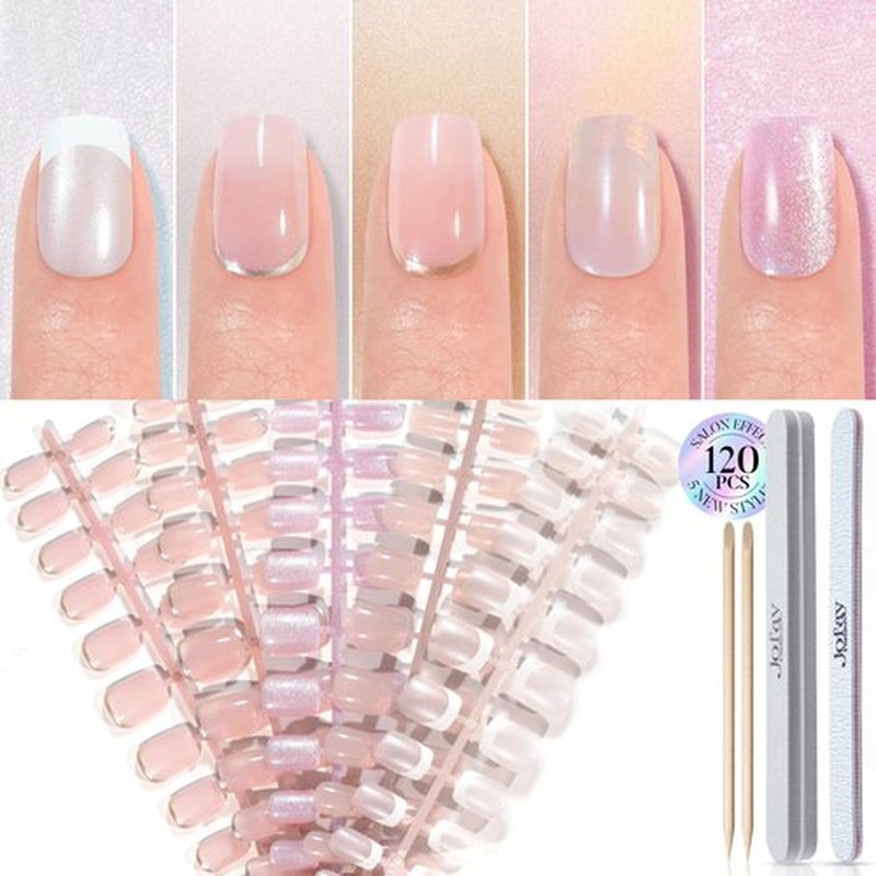 French Tip Press on Nails Short Chrome 5 Styles - 120Pcs Salon-Like Acrylic Fake Nails with Mermaid Pearl Chrome Gold Foil End Designs, Glossy & Natural Glue on Nails