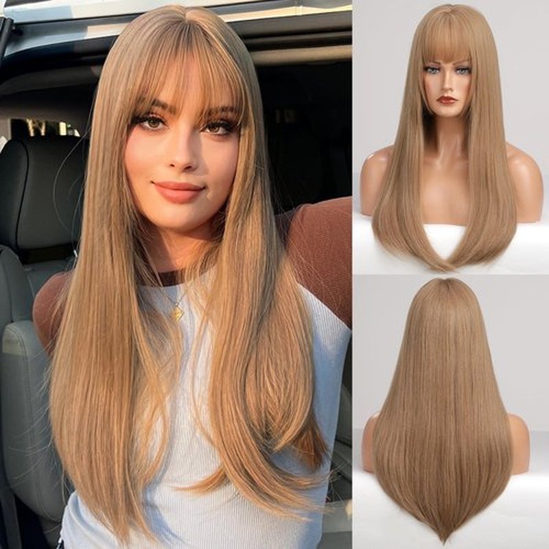 EMMOR Blonde Wig With Bangs For Women Long Straight Wigs Barbie wig Synthetic For Girls Halloween Party Cosplay And Daily Use(26" Blonde)