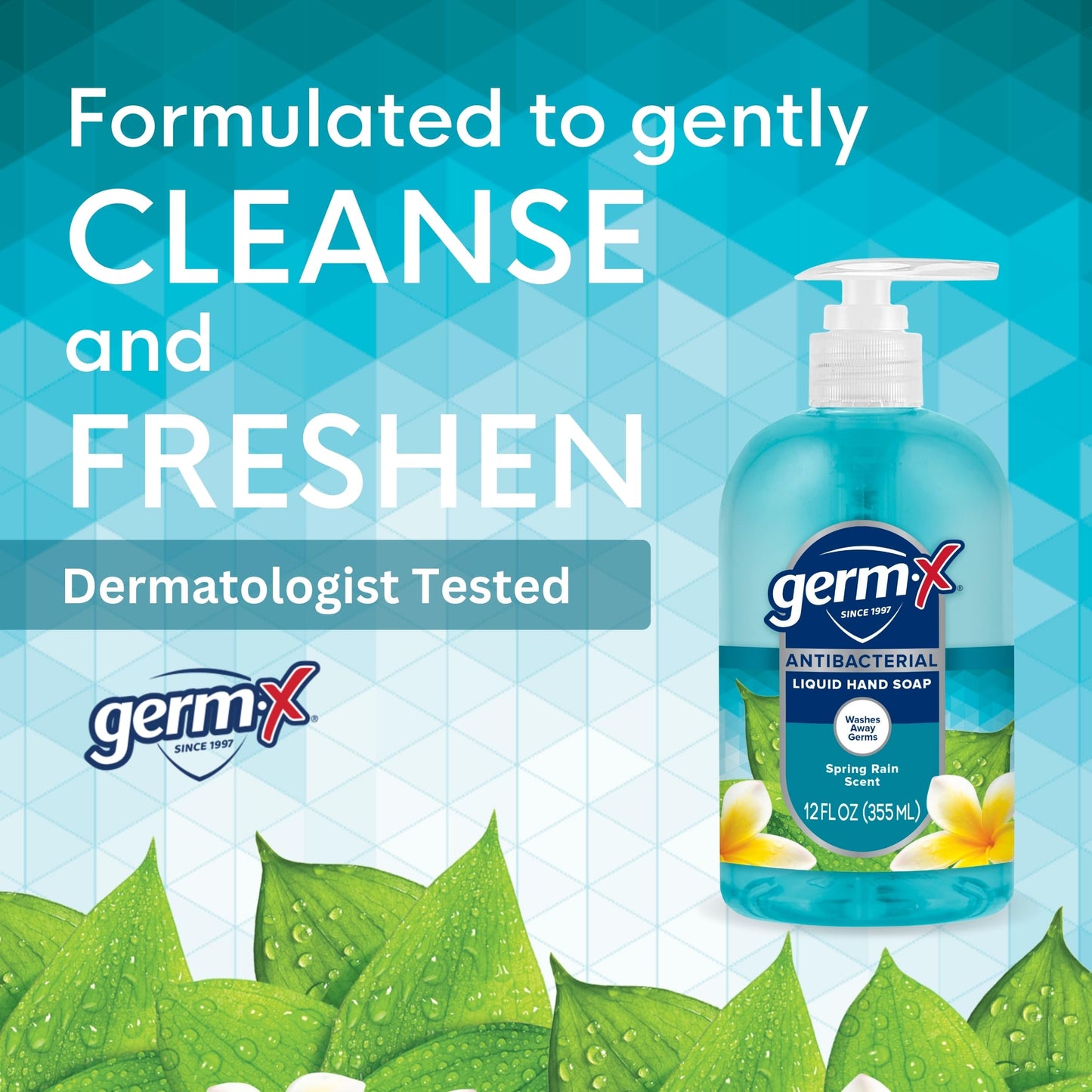 Germ-X Antibacterial Hand Soap,12 Oz,Moisturizing Liquid Hand Wash for Kitchen or Bathroom,pH Balanced & Dermatologist Tested,Spring Rain Scent,Pump Bottle,(Pack of 8)