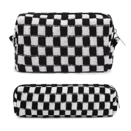 SOIDRAM Makeup Bag Checkered Cosmetic Bag Black Makeup Pouch 1Pcs Large Capacity Makeup Bags and 1Pcs Makeup Brushes Storage Bag Travel Toiletry Bag Organizer